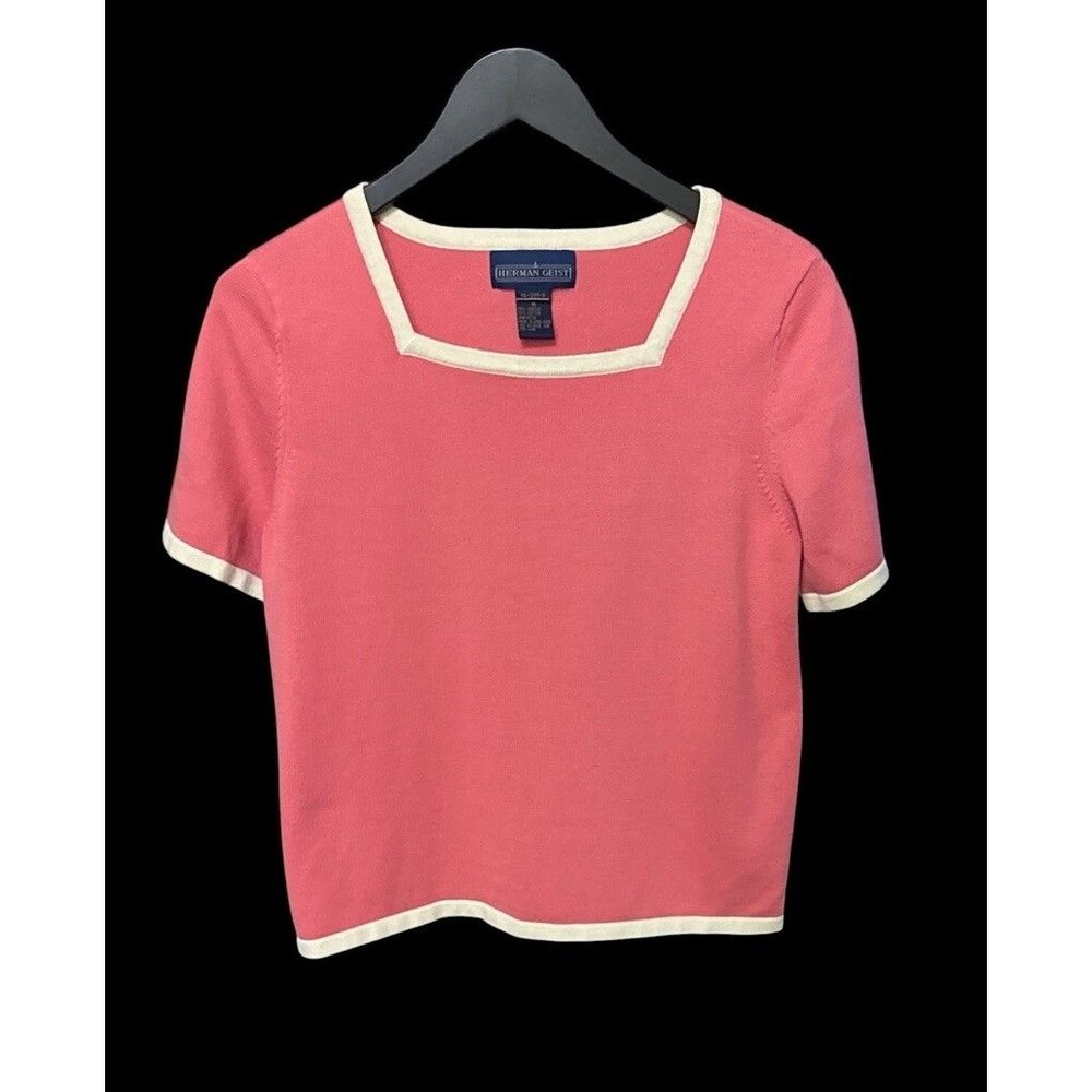 Herman Geist Square Neck Knit Top Sweater M Medium Coral Pink Cream Trim Y2K